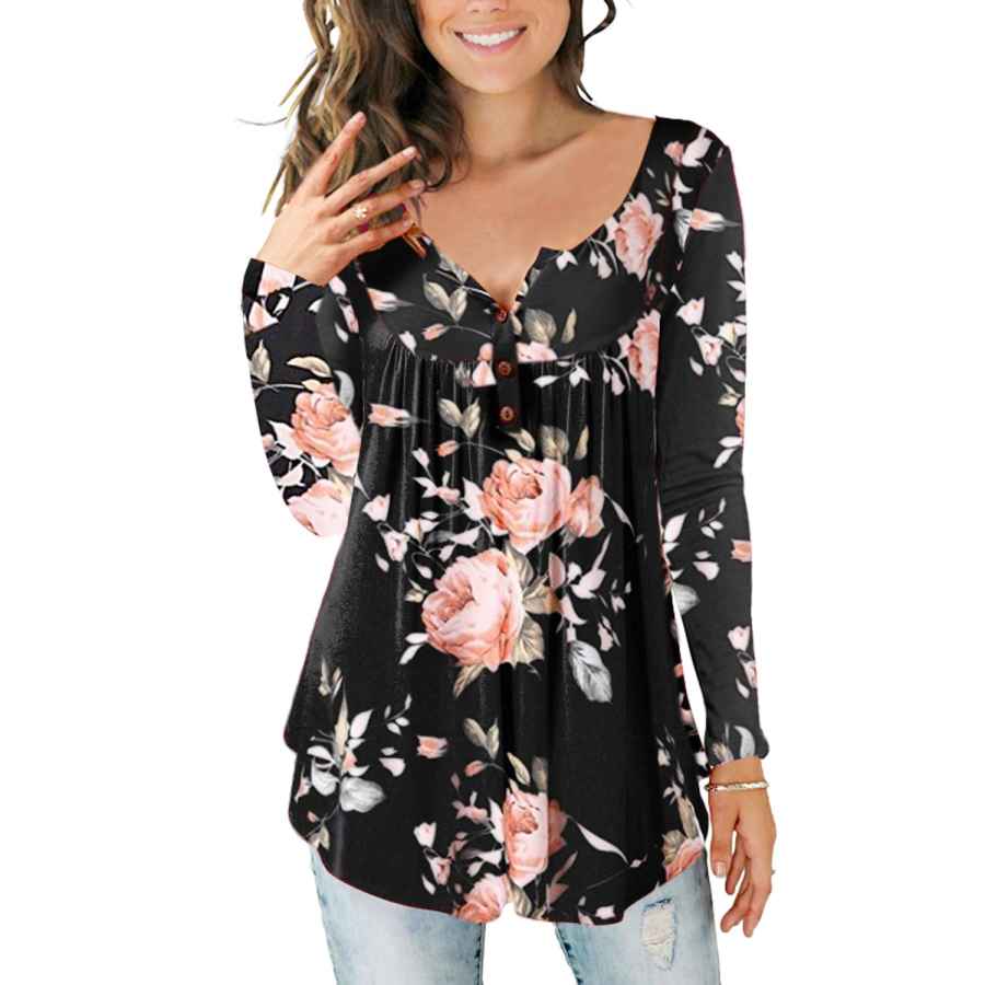 Women's Blouses - Paisley Printed Button Top Long Sleeve V Neck